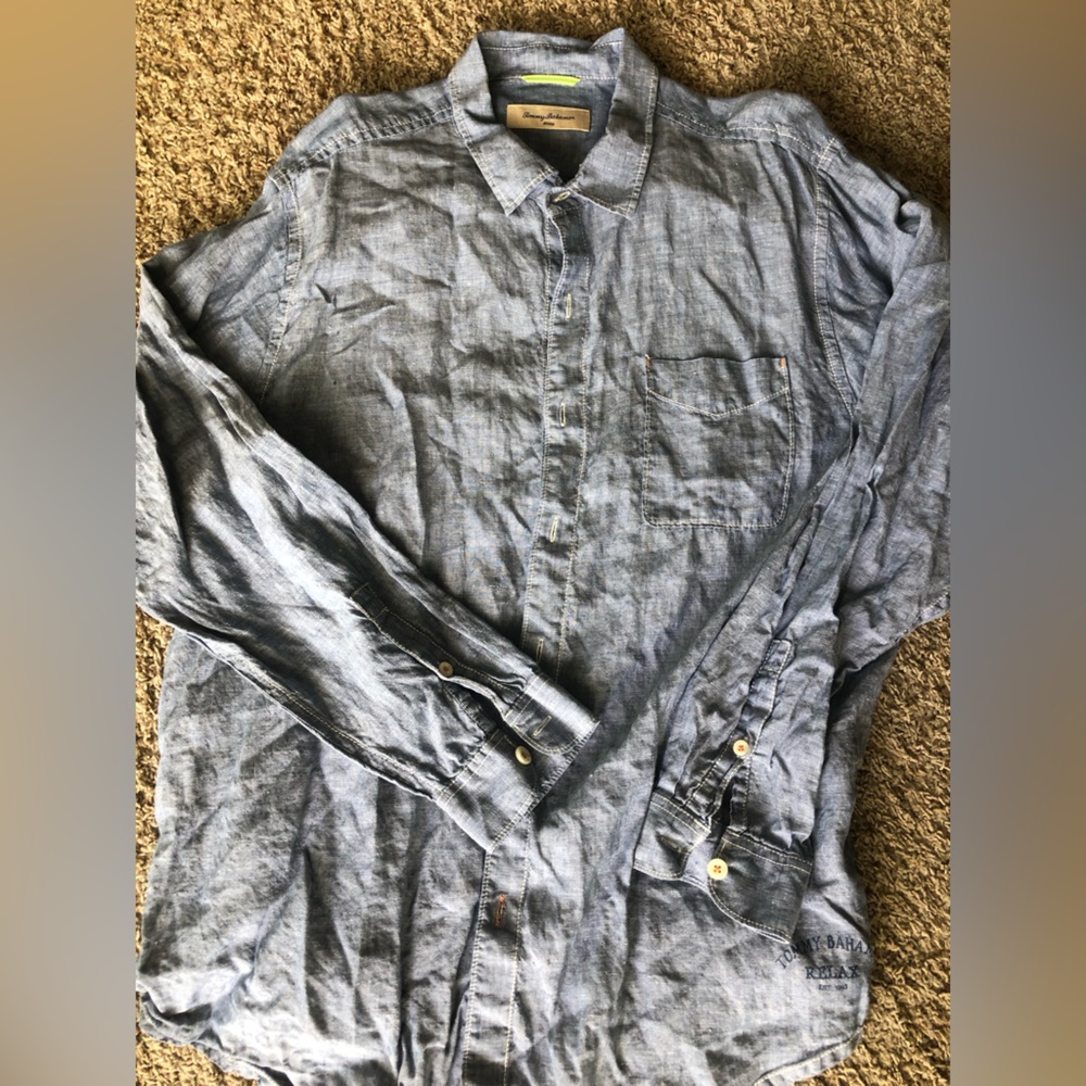 Tommy Bahama Mens XXL Long Sleeve Button Shirt 100% Linen Blue coastal summer